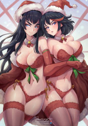 Rule 34 | 2girls, artist name, black hair, blue eyes, blush, bra, breasts, christmas, cleavage, coat, curvy, elbow gloves, fur trim, gloves, hat, highres, holding hands, interlocked fingers, jammeryx, kill la kill, kiryuuin satsuki, lace, lace bra, lace panties, large breasts, long hair, matoi ryuuko, multicolored hair, multiple girls, navel, panties, red bra, red hair, red panties, santa hat, short hair, siblings, sisters, smile, stomach, streaked hair, thick eyebrows, thick thighs, thighhighs, thighs, underwear, wide hips