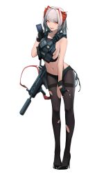 Rule 34 | 1girl, arknights, bare shoulders, black pantyhose, breasts, contrapposto, eyyy, fingerless gloves, full body, gloves, gun, hair intakes, high heels, highres, looking at viewer, medium hair, navel, pantyhose, police badge, red eyes, rifle, sideboob, solo, suppressor, w (arknights), weapon, white background, white hair