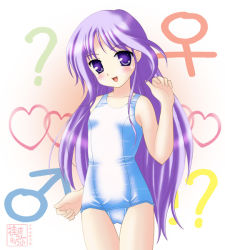 Rule 34 | 00s, 1girl, ?, blush, female focus, flat chest, gender request, genderswap, happiness!, heart, long hair, looking at viewer, mars symbol, neopure, one-piece swimsuit, purple eyes, purple hair, school swimsuit, smile, solo, swimsuit, thigh gap, thighs, venus symbol, watarase jun, white school swimsuit, white one-piece swimsuit