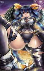 Rule 34 | absurdres, arc system works, ass, asymmetrical wings, bare shoulders, black legwear, blue hair, breasts, dizzy (guilty gear), giant, giantess, guilty gear, guilty gear xrd, guilty gear xrd: revelator, hair ribbon, highres, large breasts, long hair, looking at viewer, red eyes, ribbon, underboob, wings