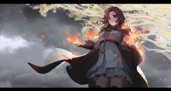 Rule 34 | 1girl, absurdres, bei (yycz3428), belt, black cape, brown belt, brown hair, burning, cape, closed mouth, cloud, cloudy sky, commentary, dress, elden ring, english commentary, erdtree (elden ring), facial tattoo, fingernails, fire, flaming hand, floating hair, grey dress, highres, hood, hood down, hooded cape, melina (elden ring), one eye closed, short hair, sky, solo, tattoo, tree, yellow eyes