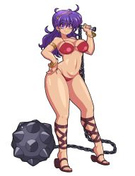 Rule 34 | 1girl, absurdres, athena (series), bikini, bracelet, breasts, ear piercing, feet, great magami, hairband, hand on own hip, highres, jewelry, long hair, piercing, princess athena, purple eyes, purple hair, sandals, smile, snk, swimsuit, thick thighs, thighs, weapon