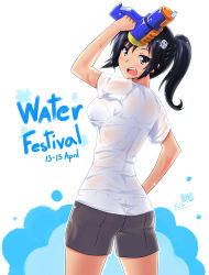 Rule 34 | 1girl, black hair, blush, breasts, butter-t, hair ornament, looking back, open mouth, see-through, shorts, solo, water, water gun, wet