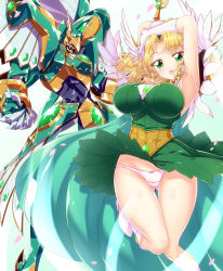 Rule 34 | 1girl, airborne, armpits, blonde hair, boots, breasts, dress, fantasy, gloves, glowing, glowing eye, gluteal fold, green dress, green eyes, head tilt, highres, holding, holding sword, holding weapon, hououji fuu, large breasts, long sword, looking at viewer, magic knight rayearth, mashin, mecha, mechanical wings, oobari masami (style), orange eyes, panties, parted bangs, pink panties, robot, short hair, smile, sword, underwear, weapon, white background, white footwear, white gloves, windam (rayearth), wings, yakisoba (kaz2113)