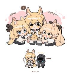 Rule 34 | !, 1other, 3girls, :d, :t, alternate costume, animal ear fluff, animal ears, arknights, aunt and niece, black footwear, black jacket, black pants, black shorts, blemishine (arknights), blonde hair, blue eyes, blush, brown hair, chibi, closed mouth, clothes writing, collared shirt, commentary request, cropped torso, doctor (arknights), eating, english text, happy birthday, highres, holding, holding tray, hood, hood up, hooded jacket, horse ears, horse girl, horse tail, jacket, kyou 039, long sleeves, multiple girls, nearl (arknights), notice lines, open clothes, open mouth, open shirt, outstretched arms, pants, pink background, ponytail, shirt, shoes, short eyebrows, short shorts, shorts, siblings, sisters, smile, spoken exclamation mark, star (symbol), tail, thick eyebrows, translated, tray, twitter username, two-tone background, upper body, whislash (arknights), white background, white shirt, yellow eyes
