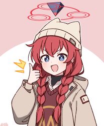 Rule 34 | 1girl, beanie, blue archive, blue eyes, blush, braid, brown shirt, collared shirt, commentary, grey hat, grey jacket, halo, hat, highres, jacket, long hair, looking at viewer, maki (blue archive), maki (camp) (blue archive), nako775, official alternate costume, official alternate hairstyle, open clothes, open jacket, open mouth, purple hair, red hair, red halo, shirt, smile, solo, thumbs up, twin braids, upper body, white shirt