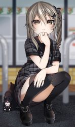 Rule 34 | 1girl, bag, black footwear, black ribbon, black thighhighs, blurry, blurry background, brown eyes, brown footwear, commentary request, depth of field, dress, frown, full body, girls und panzer, hair between eyes, hair ornament, hair ribbon, hairclip, highres, jewelry, kuromi, light brown hair, long hair, looking at viewer, nail polish, one side up, onegai my melody, purple nails, ribbon, ring, ruruepa, sanrio, shimada arisu, shoes, short sleeves, side ponytail, solo, squatting, thighhighs