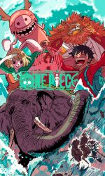 Rule 34 | 1girl, 2boys, absurdres, animal, animal ears, bandages, black hair, blonde hair, carrot (one piece), cat ears, cover, dragon, elephant, facial scar, fake cover, fangs, firescorpio, highres, island, jolly roger, logo, long hair, monkey d. luffy, multiple boys, nekomamushi, one piece, open mouth, pipe in mouth, rabbit ears, rabbit girl, ryunosuke (one piece), scar, scar on cheek, scar on face, sharp teeth, short hair, skull and crossbones, smile, smoking pipe, straw hats jolly roger, teeth, whiskers, zunesha
