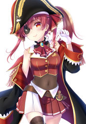 Rule 34 | 1girl, backlighting, belt, belt buckle, black thighhighs, breasts, buckle, cowboy shot, eyepatch, gloves, hair ribbon, hat, high collar, highres, hololive, houshou marine, looking at viewer, medium breasts, multicolored eyes, navel, pirate hat, pontasu, red hair, red ribbon, ribbon, skin tight, smile, solo, thighhighs, virtual youtuber, white gloves, wide sleeves, zettai ryouiki