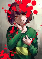Rule 34 | androgynous, blood, blood splatter, brown hair, chara (undertale), evil smile, eyelashes, gender request, hand on own chest, hand on own face, head tilt, highres, hno3syo, red eyes, shirt, shousan (hno3syo), smile, solo, spoilers, striped clothes, striped shirt, teeth, undertale, upper body