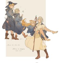 Rule 34 | 2girls, blonde hair, boots, carrying, dungeon meshi, elf, falin touden, falin touden (tallman), hat, height difference, hood, hoodie, mage staff, marcille donato, mei ren, multiple girls, pointy ears, princess carry, walking, witch hat, yuri