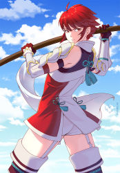 Rule 34 | 1girl, ahoge, arm guards, armor, artist name, ass, blue sky, boots, closed mouth, cloud, cowboy shot, day, fire emblem, fire emblem fates, garter straps, gloves, hinoka (fire emblem), holding, holding staff, looking at viewer, nadezhda korzun, nintendo, outdoors, pauldrons, red eyes, red gloves, red hair, serious, short hair, shoulder armor, shoulder blades, shunkaku, sidelocks, signature, sky, solo, staff, tassel, thigh boots, thighhighs, thighs, vambraces, watermark, web address, zettai ryouiki