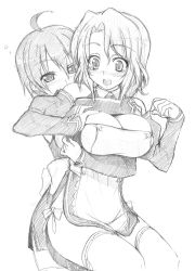 Rule 34 | 2girls, ahoge, blush, bow, grabbing another&#039;s breast, breast hold, breasts squeezed together, breasts, cleavage, detached sleeves, dream c club, dream c club (series), futaba riho, grabbing, greyscale, hug, hug from behind, iga tamaki, large breasts, monochrome, multiple girls, nao (dream c club), open mouth, thighhighs, yuri