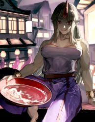 Rule 34 | 1girl, absurdres, alcohol, bare shoulders, barefoot, blonde hair, breasts, chain, cup, highres, horns, hoshiguma yuugi, hotoke party, large breasts, long hair, muscular, muscular female, oni, outdoors, pants, pointy ears, purple pants, red eyes, sakazuki, sake, single horn, sleeveless, smile, solo, touhou