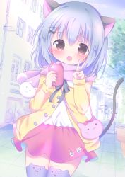 Rule 34 | 1girl, :d, animal bag, animal ear legwear, animal ears, black bow, blue hair, blue sky, blush, bow, brown eyes, building, cardigan, cat bag, cat day, cat ear legwear, cat ears, cat girl, cat tail, cellphone, cloud, commentary request, day, fang, hair between eyes, hair bow, hair ornament, hands up, holding, holding phone, long sleeves, looking at viewer, open cardigan, open clothes, open mouth, original, outdoors, phone, pink scarf, pink skirt, purple thighhighs, rin (fuwarin), scarf, shirt, skirt, sky, smile, solo, tail, thighhighs, v, white shirt, x hair ornament, yellow cardigan