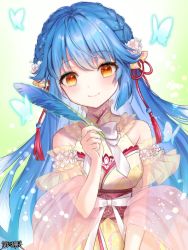 Rule 34 | 1girl, bare shoulders, blue hair, breasts, brown eyes, bug, butterfly, character request, closed mouth, copyright name, dairoku ryouhei, detached sleeves, feathers, flower, hair flower, hair ornament, hi-na1, holding, holding feather, insect, long hair, looking at viewer, official art, smile, solo