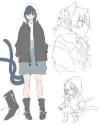 Rule 34 | 1girl, animal ear fluff, animal ears, ankle boots, belt boots, blue hair, boots, cat ears, cat girl, full body, grey hoodie, hair bun, high heel boots, high heels, highres, hood, hood down, hood up, hooded jacket, hoodie, jacket, kashikaze, long hair, love live!, love live! sunshine!!, multiple tails, multiple views, nekomata, partially colored, simple background, single side bun, tail, translation request, tsushima yoshiko, two tails, white background, white hoodie, zipper footwear, zipper pull tab