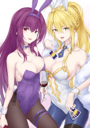 Rule 34 | 2girls, ahoge, alcohol, animal ears, artoria pendragon (all), artoria pendragon (fate), artoria pendragon (swimsuit ruler) (fate), bad id, bad pixiv id, bare shoulders, blonde hair, blue neckwear, blue pantyhose, blush, braid, breasts, card, cleavage, clothing cutout, cup, detached collar, drinking glass, fake animal ears, fate/grand order, fate (series), feather boa, fishnet legwear, fishnets, french braid, green eyes, hair between eyes, highleg, highleg leotard, highres, large breasts, leotard, long hair, looking at viewer, multiple girls, navel, navel cutout, necktie, official alternate costume, open mouth, pantyhose, playboy bunny, playing card, ponytail, purple hair, purple leotard, rabbit ears, red eyes, scathach (fate), scathach (piercing bunny) (fate), shiunnkaku, sidelocks, smile, thighs, tiara, white leotard, wine, wine glass, wrist cuffs