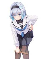 Rule 34 | 1girl, absurdres, black hairband, black skirt, blue eyes, blue hair, blue neckerchief, blush, brown pantyhose, closed mouth, commentary request, feet out of frame, hair intakes, hair ornament, hairband, hand on own hip, highres, holding, leaning forward, long sleeves, looking at viewer, miniskirt, neckerchief, pantyhose, pleated skirt, rebutsu, ryuuou no oshigoto!, sailor collar, school uniform, serafuku, serious, shirt, short hair, simple background, skirt, snowflake hair ornament, solo, sora ginko, white background, white sailor collar, white shirt