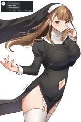 Rule 34 | 1girl, absurdres, black dress, breasts, brown hair, character request, clothing cutout, commentary, copyright request, cowboy shot, dress, elina (pinepin), garter straps, habit, hand up, highres, juliet sleeves, large breasts, long hair, long sleeves, looking at viewer, navel, navel cutout, nun, pinepin, puffy sleeves, red eyes, simple background, solo, standing, thighhighs, thighs, very long hair, white background, white thighhighs