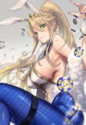 Rule 34 | 1girl, ahoge, animal ears, armpits, artoria pendragon (all), artoria pendragon (fate), artoria pendragon (swimsuit ruler) (fate), bare shoulders, blonde hair, blue necktie, blue pantyhose, braid, breasts, closed mouth, clothing cutout, crown, detached collar, fake animal ears, fate/grand order, fate (series), fishnet pantyhose, fishnets, french braid, gradient background, green eyes, grey background, hair between eyes, highres, katase bono, large breasts, leotard, long hair, looking at viewer, navel cutout, necktie, pantyhose, playboy bunny, poker chip, ponytail, rabbit ears, sidelocks, sitting, solo, swept bangs, thighs, tiara, white leotard