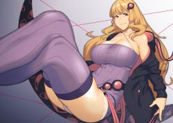 Rule 34 | 1girl, absurdres, alternate costume, bare shoulders, blonde hair, blush, breasts, cleavage, cosplay, crossed legs, dress, dyun, gap (touhou), hair ornament, highres, hood, hooded jacket, jacket, large breasts, long hair, looking at viewer, name connection, perfect cherry blossom, purple dress, purple hair, purple thighhighs, skindentation, smile, solo, striped clothes, striped thighhighs, thighhighs, touhou, vertical-striped clothes, vertical-striped thighhighs, very long hair, voiceroid, yakumo yukari, yellow eyes, yuzuki yukari, yuzuki yukari (cosplay)