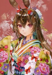 Rule 34 | 1girl, absurdres, animal ears, argyle, bell, bow, brown hair, commentary, floral print, flower, flower request, hair between eyes, hair flower, hair ornament, hair ribbon, hands up, highres, japanese clothes, jingle bell, kimono, long hair, looking at viewer, obi, obiage, obijime, original, parted lips, red bow, red eyes, red flower, ribbon, sash, single sidelock, solo, tress ribbon, upper body, white flower, yellow ribbon, yuyuharu 1027