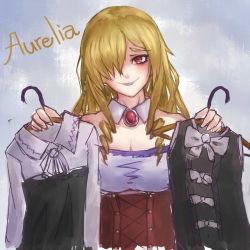Rule 34 | 1girl, aurelia (dorei to no seikatsu), bad id, bad pixiv id, bare shoulders, blonde hair, blush, brooch, character name, clothes hanger, detached collar, dorei to no seikatsu ~teaching feeling~, drill hair, hair over one eye, highres, holding, holding clothes, jewelry, lipstick, long hair, looking at viewer, makeup, purple lips, red eyes, smile, solo, tui isumi, upper body