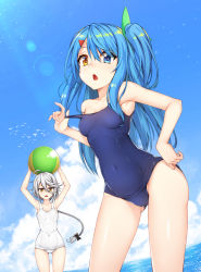 Rule 34 | ahoge, arms up, ball, beachball, blonde hair, blue eyes, blue hair, blue sky, blue one-piece swimsuit, bow, braid, breasts, cloud, collarbone, commentary, covered navel, day, english commentary, gluteal fold, hair bow, hair ornament, hairclip, hand on own hip, healther, heterochromia, long hair, looking at viewer, medium breasts, ocean, one-piece swimsuit, one side up, open mouth, original, school swimsuit, sky, swimsuit, white hair, white one-piece swimsuit