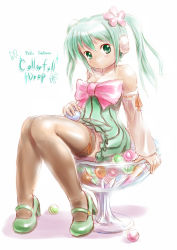 Rule 34 | 1girl, bare shoulders, colorful x melody (vocaloid), dress, full body, green eyes, green hair, hatsune miku, high heels, highres, mary janes, matching hair/eyes, moriichi, project diva, project diva (series), project diva 2nd, shoes, simple background, sitting, solo, thighhighs, twintails, vocaloid, white background