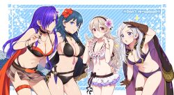 Rule 34 | 4girls, absurdres, alternate costume, bikini, black bikini, black hair, blue eyes, breasts, brown gloves, byleth (female) (fire emblem), byleth (female) (summer) (fire emblem), byleth (fire emblem), cleavage, corrin (female) (fire emblem), corrin (female) (summer) (fire emblem), corrin (fire emblem), female focus, fire emblem, fire emblem: three houses, fire emblem awakening, fire emblem fates, fire emblem heroes, fire emblem warriors: three hopes, flower, flower necklace, frilled bikini, frills, gloves, grey hair, hair bun, hair flower, hair ornament, hair over one eye, highres, hiyori (rindou66), jewelry, large breasts, leather, leather gloves, lei, long coat, long hair, looking at viewer, matching hair/eyes, medium breasts, multiple girls, navel, necklace, nintendo, official alternate costume, parted lips, purple bikini, purple eyes, purple hair, red eyes, robin (female) (fire emblem), robin (female) (summer) (fire emblem), robin (fire emblem), shez (female) (summer) (fire emblem), stomach, swimsuit, thigh strap, trait connection, twintails, white bikini, white hair