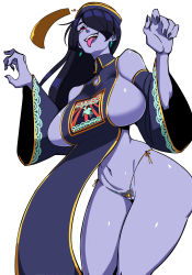 Rule 34 | 1girl, absurdres, alecto 0, animal print, bare shoulders, black hair, blue hat, blue nails, blue skin, breasts, collarbone, colored skin, covered collarbone, detached sleeves, earrings, eyelashes, female pubic hair, fingernails, hair over one eye, hat, highres, jewelry, jiangshi, large breasts, long eyelashes, long fingernails, long hair, long sleeves, nail polish, navel, open mouth, original, pubic hair, purple skin, red eyes, sharp fingernails, shiny skin, simple background, skindentation, smile, solo, talisman, teeth, thong, tongue, tongue out, undead, white background, wide sleeves, zombie