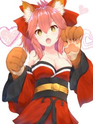 Rule 34 | 1girl, @ @, animal ear fluff, animal ears, animal hands, bare shoulders, breasts, cat paws, cleavage, collarbone, fangs, fate/grand order, fate (series), fox ears, fox girl, fox tail, gloves, hair ribbon, heart, highres, large breasts, paw gloves, pink hair, ponytail, red ribbon, reuri (tjux4555), ribbon, simple background, solo, tail, tamamo (fate), tamamo cat (fate), tamamo cat (first ascension) (fate), white background, yellow eyes
