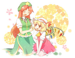 Rule 34 | 2girls, bad id, bad pixiv id, blonde hair, blush, braid, china dress, chinese clothes, clover, collared shirt, dress, closed eyes, female focus, flandre scarlet, flower, four-leaf clover, hat, hat ribbon, hong meiling, kneeling, kodamari, long hair, multiple girls, neck ribbon, open mouth, ponytail, puffy short sleeves, puffy sleeves, red eyes, red hair, ribbon, shirt, short hair, short sleeves, side ponytail, sitting, smile, star (symbol), embodiment of scarlet devil, touhou, twin braids, v arms, wariza, wings