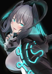 Rule 34 | 1girl, absurdres, aqua nails, arknights, black background, black jacket, blue eyes, blush, breasts, dress, fangs, finger to mouth, fingerless gloves, from side, gloves, grey hair, hair between eyes, head tilt, head wings, highres, ho&#039;olheyak (arknights), index finger raised, jacket, large breasts, long sleeves, looking at viewer, matsutake in, medium hair, open clothes, open jacket, open mouth, simple background, snake tail, solo, tail, upper body, variant set, white dress, white gloves, wings