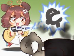 Rule 34 | 1girl, 2others, akainu pony, animal ears, blush, bone hair ornament, braid, brown eyes, brown hair, chibi, commentary request, destroy all humans!, dog ears, dog tail, dress, electricity, electrocution, fang, firing, gradient background, green background, gun, hair ornament, heart hairband, highres, holding, holding gun, holding weapon, hololive, inugami korone, inugami korone (1st costume), jacket, lightning gun, listener (inugami korone), lying, medium hair, multiple others, open mouth, red socks, smile, socks, soot, tail, twin braids, virtual youtuber, weapon, white background, white dress, yellow jacket