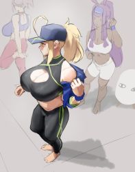 Rule 34 | 1other, 3girls, ahoge, artoria pendragon (fate), barefoot, baseball cap, bike shorts, black sports bra, blonde hair, blue jacket, breasts, cleavage, cleavage cutout, clothing cutout, commentary, dark-skinned female, dark skin, english commentary, eu03, exercising, fate/grand order, fate (series), hat, highres, hot, huge ahoge, huge breasts, jacket, large breasts, long hair, medjed (fate), miyamoto musashi (fate), multiple girls, mysterious heroine x (fate), mysterious heroine xx (fate), nitocris (fate), off shoulder, open clothes, open jacket, pants, ponytail, purple hair, short ponytail, sidelocks, solo focus, sports bra, stretching, sweat, thick thighs, thighs, wristband, yoga pants
