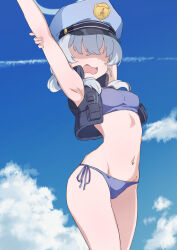 Rule 34 | 1girl, arm up, armpits, arms up, bare arms, bare shoulders, bikini, blue archive, blue bikini, blue hat, blue sky, blush, breasts, cloud, cowboy shot, day, grey hair, groin, hair between eyes, halo, hat, highres, jacket, matsu520, navel, open mouth, outdoors, peaked cap, presenting armpit, revision, sky, small breasts, solo, standing, stomach, swimsuit, valkyrie police academy student (blue archive)