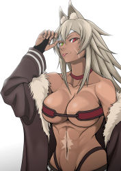 Rule 34 | 1girl, :p, abs, absurdres, animal ear fluff, animal ears, arm up, bandeau, bare shoulders, black jacket, breasts, bridal gauntlets, cat ears, chinese commentary, choker, cleavage, collarbone, commentary request, cowboy shot, dark-skinned female, dark skin, eyepatch, eyepatch lift, facial scar, fur-trimmed jacket, fur trim, ghislaine dedoldia, green eyes, green pants, grey hair, groin, hair between eyes, heterochromia, highleg, highleg panties, highres, jacket, large breasts, long hair, long sleeves, looking at viewer, mushoku tensei, navel, obliques, off shoulder, open clothes, open jacket, panties, pants, red choker, red eyes, scar, scar on cheek, scar on face, scar on stomach, sidelocks, simple background, smile, solo, song mu, standing, stomach, tongue, tongue out, underboob, underwear, white background