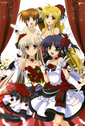 Rule 34 | 4girls, :d, absurdres, bare shoulders, blonde hair, blue eyes, blush, bouquet, breasts, brown hair, choker, cleavage, clenched hand, dress, earrings, elbow gloves, fate testarossa, feathers, flower, gem, gloves, hair flower, hair ornament, hair ribbon, higa yukari, highres, huge filesize, isis egret, jewelry, large breasts, lily-strosek, long hair, lyrical nanoha, mahou senki lyrical nanoha force, multiple girls, necklace, nyantype, official art, open mouth, pearl (gemstone), ponytail, purple eyes, purple hair, red eyes, red flower, red rose, ribbon, rose, sash, short hair, side ponytail, smile, strapless, strapless dress, takamachi nanoha, v, very long hair, white dress, yellow eyes