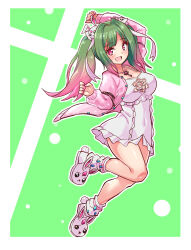 Rule 34 | 1girl, arm up, beatus creation, breasts, cardigan, commentary, cougar (cougar1404), dress, frilled dress, frills, gradient hair, green background, green hair, hair ornament, hair ribbon, jewelry, key, key necklace, leg up, long hair, long sleeves, looking at viewer, luifon (beatus creation), medium breasts, multicolored hair, necklace, open cardigan, open clothes, open mouth, outline, pink cardigan, pink hair, ponytail, purple eyes, rabbit footwear, rabbit hair ornament, ribbon, shoes, short dress, smile, socks, solo, standing, standing on one leg, white dress, white footwear, white outline, white ribbon, white socks