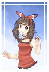 Rule 34 | 1girl, armpits, artist name, bare shoulders, blue background, blue eyes, border, bow, brown hair, child, closed mouth, collarbone, creatures (company), eyelashes, female focus, game freak, gen 3 pokemon, gen 6 pokemon, gradient background, hair bow, hair ornament, hair ribbon, hands up, happy, highres, holding, holding poke ball, looking at viewer, may (pokemon), may (pokemon oras), medium hair, neck, nintendo, outline, poke ball, pokemon, pokemon oras, red bow, red ribbon, red shirt, ribbon, shirt, sleeveless, sleeveless shirt, smile, standing, two-tone background, two-tone bow, two-tone ribbon, white border, white outline