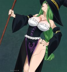Rule 34 | 1girl, bare shoulders, breasts, cleavage, colorized, eden&#039;s zero, gaston18, green eyes, green hair, hat, highres, large breasts, long hair, mashima hiro, nail polish, staff, witch (eden&#039;s zero), witch hat