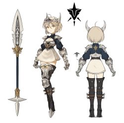 Rule 34 | 1girl, ahoge, arm armor, armor, blonde hair, breasts, character sheet, flat color, floating, from behind, full body, hair between eyes, high heels, highres, lance, medium breasts, multiple views, original, polearm, short hair, shoulder armor, shrug (clothing), simple background, skirt, sookmo, standing, thighhighs, weapon, white background, white skirt, yellow eyes