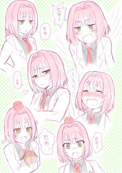 Rule 34 | 1girl, angry, beelzebub (manga), blush, crying, expressions, closed eyes, female focus, green eyes, happy, lab coat, lamia (beelzebub), multiple views, nira (pixiv4406278), open mouth, pale color, pink hair, smile, tears, translated, upper body