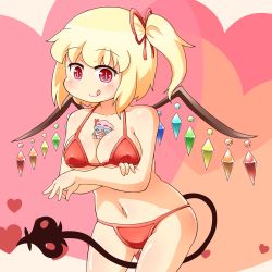 Rule 34 | 2girls, :q, between breasts, bikini, blonde hair, blue hair, blush, breasts, chibi, cleavage, covered erect nipples, crystal, demon tail, flandre scarlet, hat, heart, jinnouchi akira, laevatein, large breasts, mini person, minigirl, multiple girls, navel, no headwear, o o, person between breasts, red bikini, red eyes, remilia scarlet, siblings, side ponytail, sisters, slit pupils, smile, swimsuit, tail, tongue, tongue out, touhou, wings