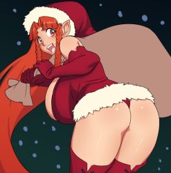 Rule 34 | 1girl, ass, bare shoulders, bent over, blush, boots, braid, breasts, caught, christmas, elbow gloves, gloves, hat, hong meiling, huge breasts, lilirulu, long hair, matching hair/eyes, open mouth, orange eyes, orange hair, panties, pantyshot, pointy ears, red gloves, red panties, santa costume, santa hat, smile, solo, strapless, thick thighs, thigh boots, thighhighs, thighs, thong, touhou, twin braids, underwear, very long hair