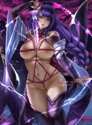 Rule 34 | 1girl, arm up, artist name, bare shoulders, black thighhighs, blunt bangs, blush, braid, breasts, bridal gauntlets, cleavage, commission, detached sleeves, electricity, feet out of frame, genshin impact, highres, holding, holding sword, holding weapon, human scabbard, large breasts, long hair, looking at viewer, nipple slip, nipples, outdoors, parted lips, partially visible vulva, purple eyes, purple hair, raiden shogun, sheath, shibari, short sleeves, shrug (clothing), signature, single braid, solo, sword, thigh gap, thighhighs, unsheathing, very long hair, watermark, weapon, wei (promise 0820), wide sleeves