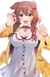 Rule 34 | 14 (vision5032), 1girl, absurdres, animal ears, bone hair ornament, braid, breasts, brown eyes, brown hair, claw pose, cleavage, collar, dog ears, dog girl, dress, fangs, hair between eyes, hair ornament, hands up, highres, hololive, inugami korone, inugami korone (1st costume), jacket, large breasts, long hair, looking at viewer, nail polish, open clothes, open jacket, open mouth, red collar, simple background, solo, twitter username, virtual youtuber, white background, white dress, yellow jacket, yellow nails