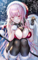 Rule 34 | 1girl, absurdres, alternate costume, bikini, blunt bangs, blush, boots, breasts, christmas, cleavage, commentary, dress, english commentary, fur-trimmed dress, fur-trimmed headwear, fur trim, hat, highres, holding, holding sack, hololive, hololive english, kamiya maneki, large breasts, legs together, long hair, looking at viewer, mori calliope, open mouth, pink hair, red eyes, red hat, sack, santa bikini, santa boots, santa costume, santa hat, sidelocks, solo, straight hair, swimsuit, virtual youtuber